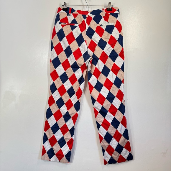 Loudmouth Golf Pants Mens 34 X 32 Dixie Argyle Pattern Red White Blue Tan - Picture 2 of 10